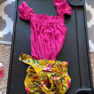 Bailey’s Blossoms - pink off the shoulder romper and floral bottoms